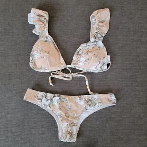 Jaase Women's Beige Floral Ruffle Strap Two Piece Bikini Set Top & Bottom Size M